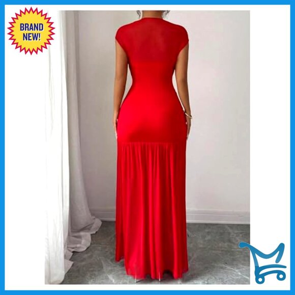 Mesh Bodycon Maxi Dress Mock Neck Cap Sleeve Elegant Cocktail Party Wear - Picture 3 of 5